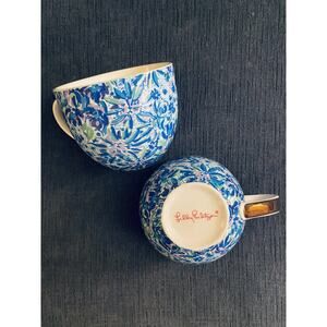 Lilly Pulitzer 2pc Blue Floral Coffee Mugs Gold Handle 12oz EUC RETIRED PRINT